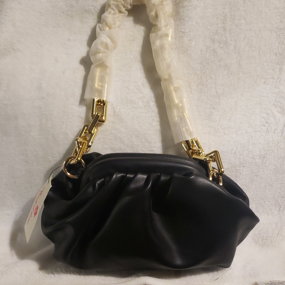 Black Faux Leather Shoulder Bag with Gold Hardware